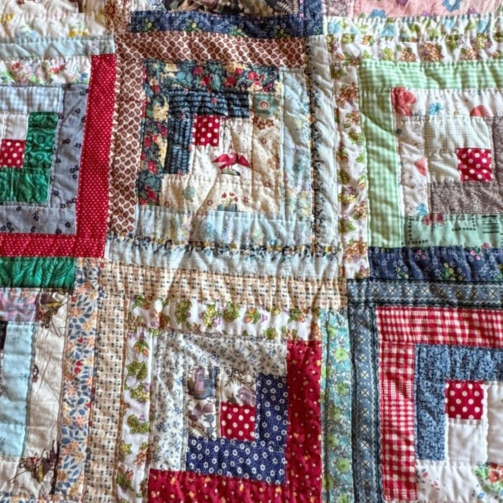 Handsewn Log Cabin Quilt Large Multi Color Vintage Patchwork Cottagecore Rustic
